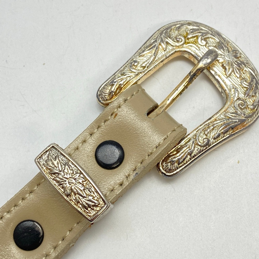 Vintage Southwest Style Belt Engraved Buckle Rainbow Woven Fabric Beige Leather - Picture 9 of 11